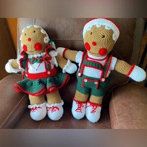 Crochet Gingerbread Doll Set with Red and Green Outfits